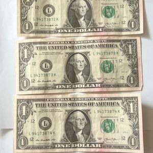 5 Consecutive $1 Dollar Bills – Sequential Serial Numbers L94173871–L94173875